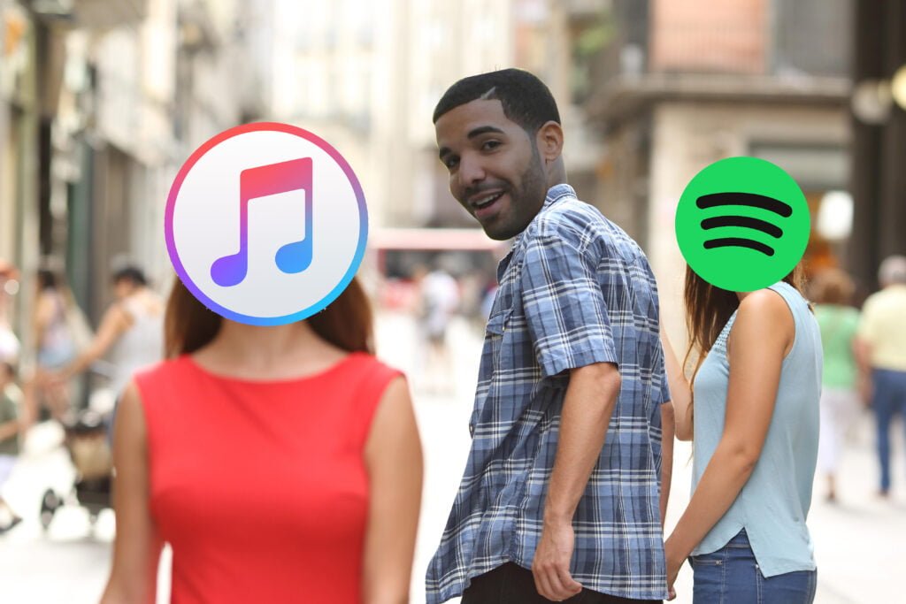 Picture of a meme, where an Artist (Drake) is turning back and looking at iTunes while Spotify is displeased by the Artist's behavior. It signifies Artist liking iTunes more then Spotify.